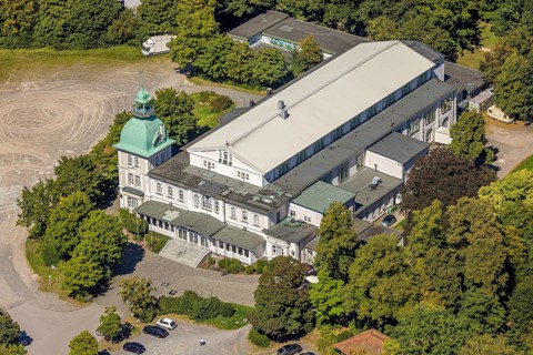 Aerial view, Historic New Schützenhalle Lüdenscheid with tower, event location
