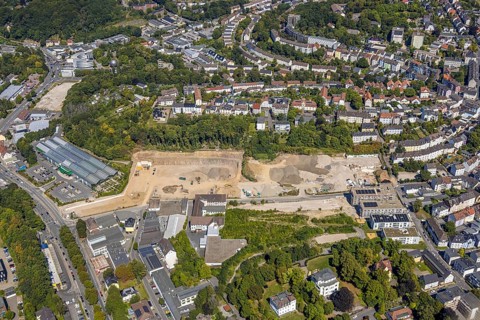 Aerial view, construction site for residential quarter Wiesenstraße and fire station, Lüdenscheid