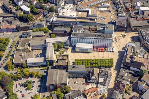 Aerial view, tree avenue at the town hall and town hall square, city, Lüdenscheid city,