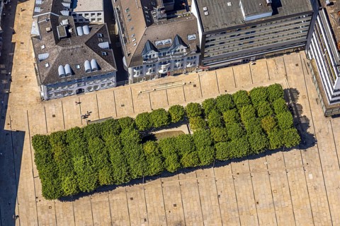 Aerial view, tree avenue at the town hall and town hall square, city, Lüdenscheid city,
