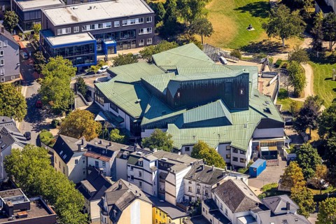 Aerial view, city garden with cultural centre, Lüdenscheid city, Lüdenscheid, Sauerland, North