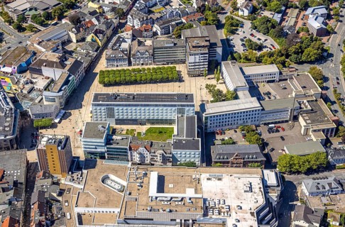 Aerial view, town hall and town hall square with tree avenue, city, Lüdenscheid city, Lüdenscheid,