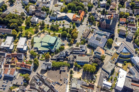Aerial view, city garden with cultural centre and ENT centre, Lüdenscheid city, Lüdenscheid,