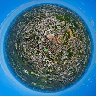 Aerial view, city centre view with town hall, circular residential complex Grabenstrasse and
