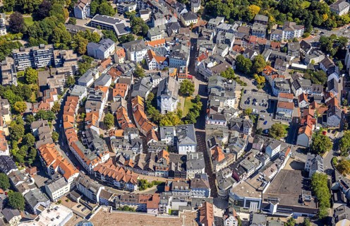 Aerial view, circular residential complex in the city centre with evang. Erlöserkirche,
