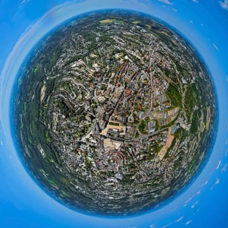 Aerial view, city centre view with town hall and town hall square, earth globe, fisheye image, 360