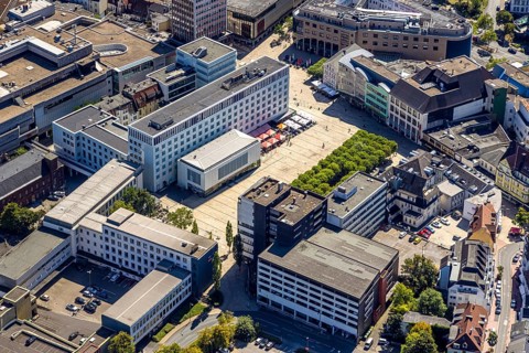Aerial view, tree avenue at the town hall and town hall square, city, Lüdenscheid city,
