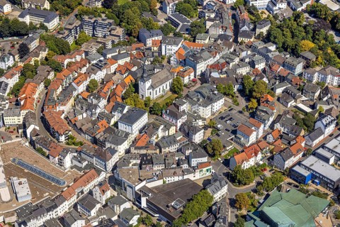 Aerial view, circular residential complex in the city centre with evang. Erlöserkirche,