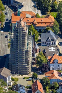 Aerial view, catholic church St. Joseph and Medardus with building site and scaffolding, behind