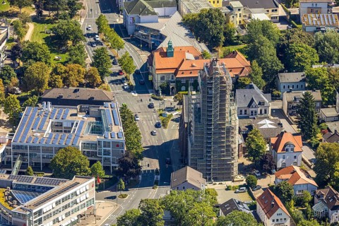 Aerial view, catholic church St. Joseph and Medardus with building site and scaffolding, behind
