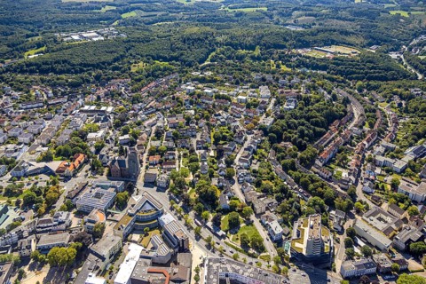 Aerial view, residential area local view around the catholic church St. Joseph and Medardus with