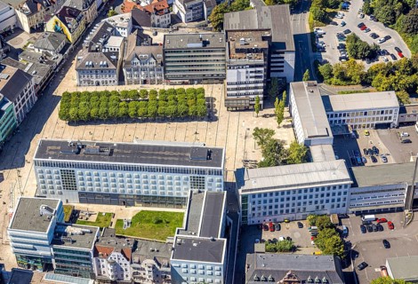 Aerial view, town hall and town hall square with tree avenue, city, Lüdenscheid city, Lüdenscheid,
