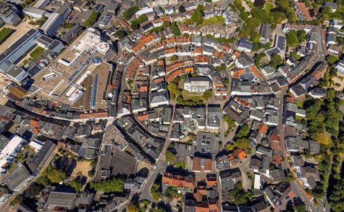 Aerial view, circular residential complex in the city centre with evang. Erlöserkirche,