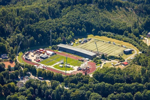 Aerial view, construction site and renovation of the Nattenberg stadium, Rot-Weiß Lüdenscheid,