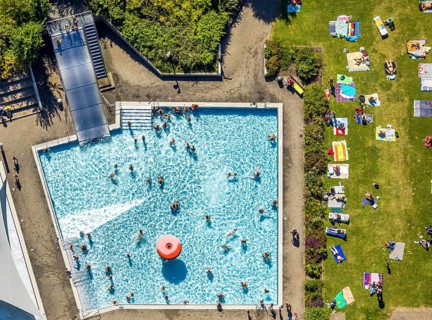 Aerial view, outdoor swimming pool, swimming pool with bathers, Lüdenscheid town, Lüdenscheid,