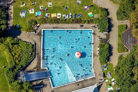 Aerial view, outdoor swimming pool, swimming pool with bathers, Lüdenscheid town, Lüdenscheid,