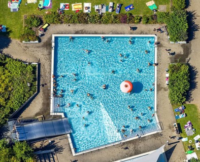 Aerial view, outdoor swimming pool, swimming pool with bathers, Lüdenscheid town, Lüdenscheid,