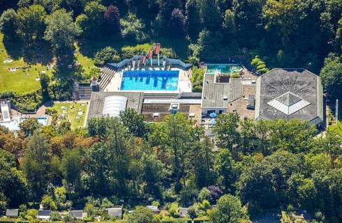 Aerial view, outdoor swimming pool Nattenberg, swimming pool with bathers and eight diving boards,
