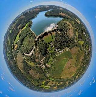Aerial view, Verse dam and reservoir, earth globe, fisheye image, 360 degree image, tiny world,