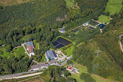Aerial view, trout farm Versetal, power line, waterworks Treckinghausen and river Verse,