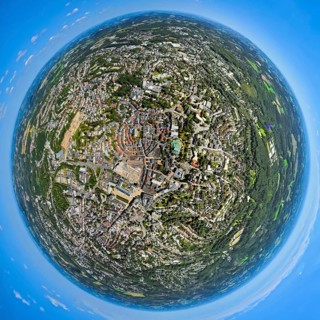 Aerial view, city centre view with town hall, circular residential complex Grabenstrasse and