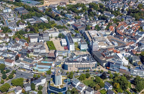 Aerial view, city centre view with town hall and town hall square with tree avenue, Lüdenscheid