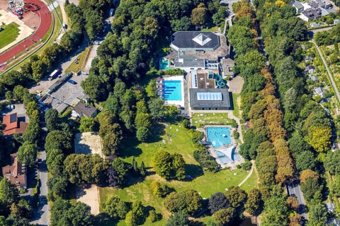 Aerial view, outdoor swimming pool Nattenberg, swimming pool with bathers and eight diving boards,