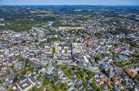 Aerial view, city centre view with town hall and town hall square with tree avenue, behind