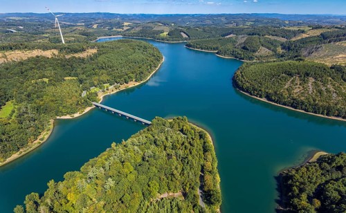 Aerial view, Versetalsperre, forest area with forest damage, Klamer Brücke der Landesstraße L694,