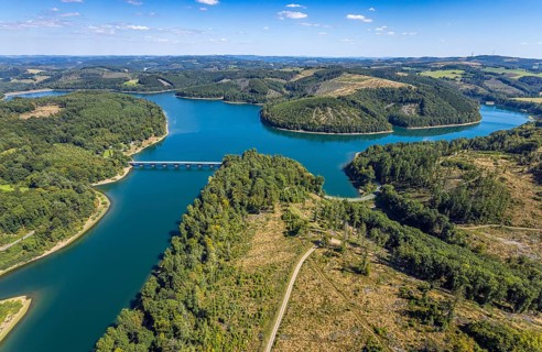 Aerial view, Versetalsperre, forest area with forest damage, Klamer Brücke der Landesstraße L694,