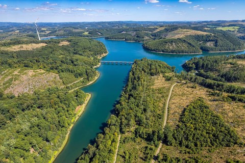 Aerial view, Versetalsperre, forest area with forest damage, Klamer Brücke der Landesstraße L694,