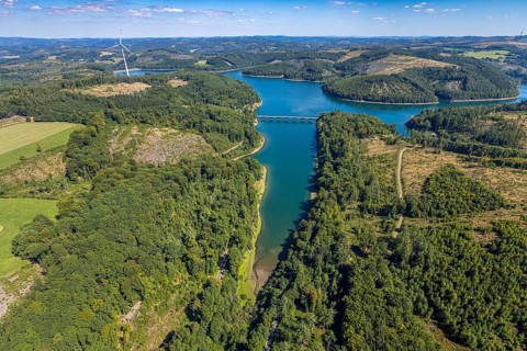Aerial view, Versetalsperre, forest area with forest damage, Klamer Brücke der Landesstraße L694,