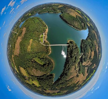 Aerial view, Versetalsperre, Klamer Brücke Landesstraße L694, earth globe, fisheye image, 360