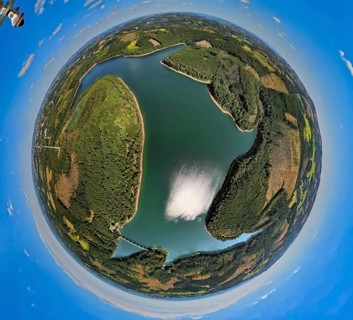 Aerial view, Verse dam, globe, fisheye image, 360 degree image, tiny world, little planet, fisheye
