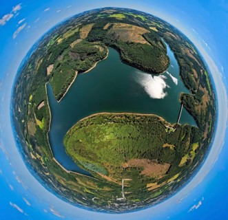 Aerial view, Verse dam, globe, fisheye image, 360 degree image, tiny world, little planet, fisheye