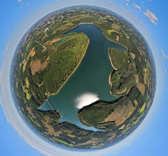 Aerial view, Verse dam, globe, fisheye image, 360 degree image, tiny world, little planet, fisheye