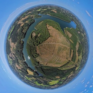 Aerial view, Versetalsperre, forest area with forest damage, earth globe, fisheye image, 360 degree