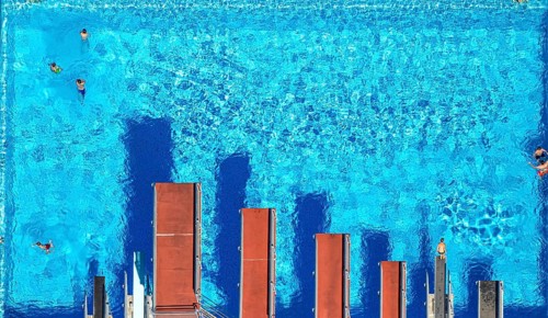 Aerial view, open-air swimming pool Nattenberg, swimming pool with bathers and eight diving boards,
