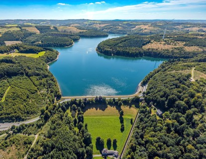 Aerial view, Verse dam with dam, forest area with forest damage, Piepersloh, Lüdenscheid,