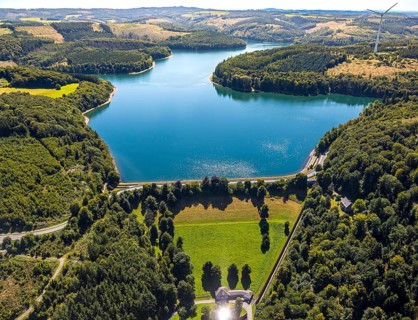 Aerial view, Verse dam with dam, forest area with forest damage, Piepersloh, Lüdenscheid,