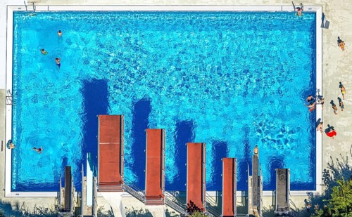 Aerial view, open-air swimming pool Nattenberg, swimming pool with bathers and eight diving boards,