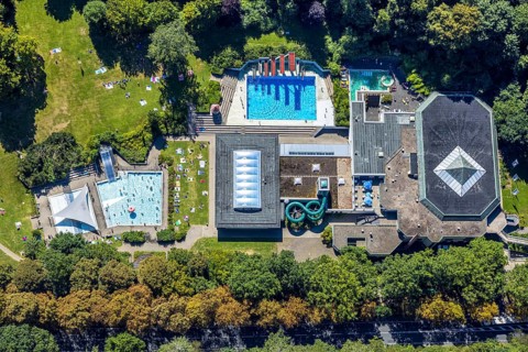 Aerial view, outdoor swimming pool Nattenberg, swimming pool with bathers and eight diving boards,