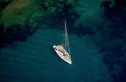 Bays for sailboats and divers, Mediterranean Bay of Roses, blue water, Roses, Costa Brava,