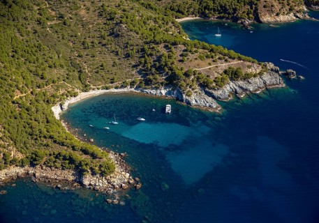 Bays for sailboats and divers, Mediterranean Bay of Roses, blue water, Roses, Costa Brava,