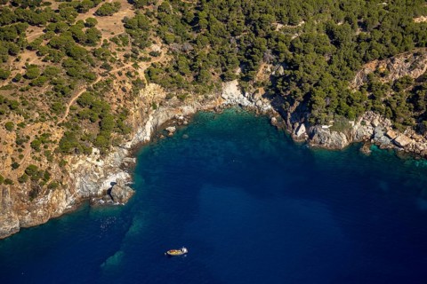 Bays for sailboats and divers, Mediterranean Bay of Roses, blue water, Roses, Costa Brava,