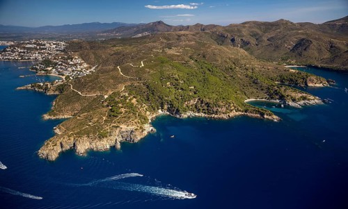Bays for sailboats and divers, Mediterranean Bay of Roses, blue water, Roses, Costa Brava,