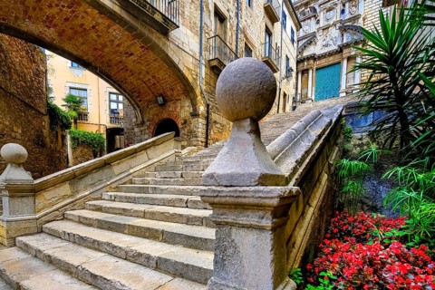 Historic stone staircase in the alleys of the old town of Girona, Cataluña, Gerona, Catalonia,
