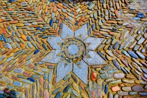 Colourful stone mosaic in front of the cathedral of Girona, Girona, Cataluña, Gerona, Catalonia,