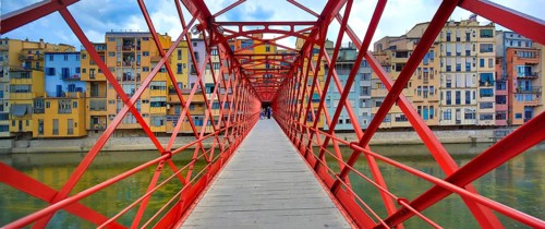 Red bridge over the river Onyar built by the Eiffel company, Cataluña, Gerona, Cataluña, Europe,
