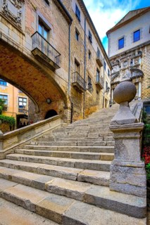Historic stone staircase in the alleys of the old town of Girona, Cataluña, Gerona, Catalonia,